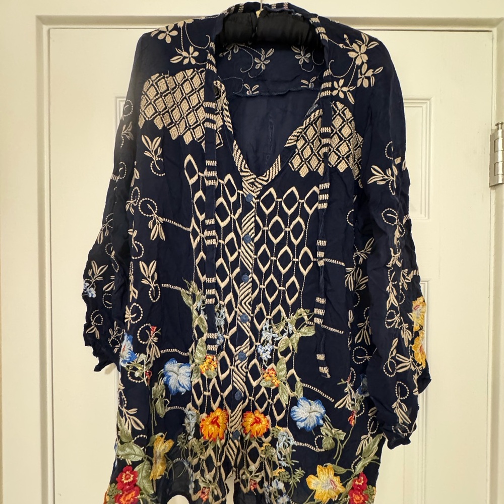 Johnny Was Navy Floral Embroidered Top